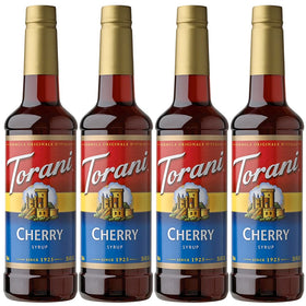 Torani Cherry Syrup bottle in a 25.4 oz pack, ideal for home flavoring.