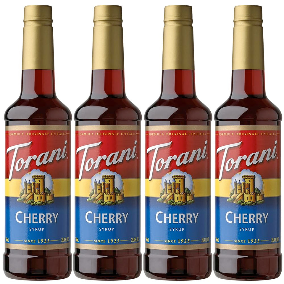 Torani Cherry Syrup bottle in a 25.4 oz pack, ideal for home flavoring.