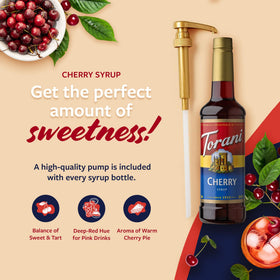 Pouring Torani Cherry Syrup into a refreshing drink.