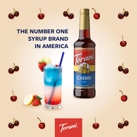 Torani Cherry Syrup pouring over coffee for bold flavor twist.