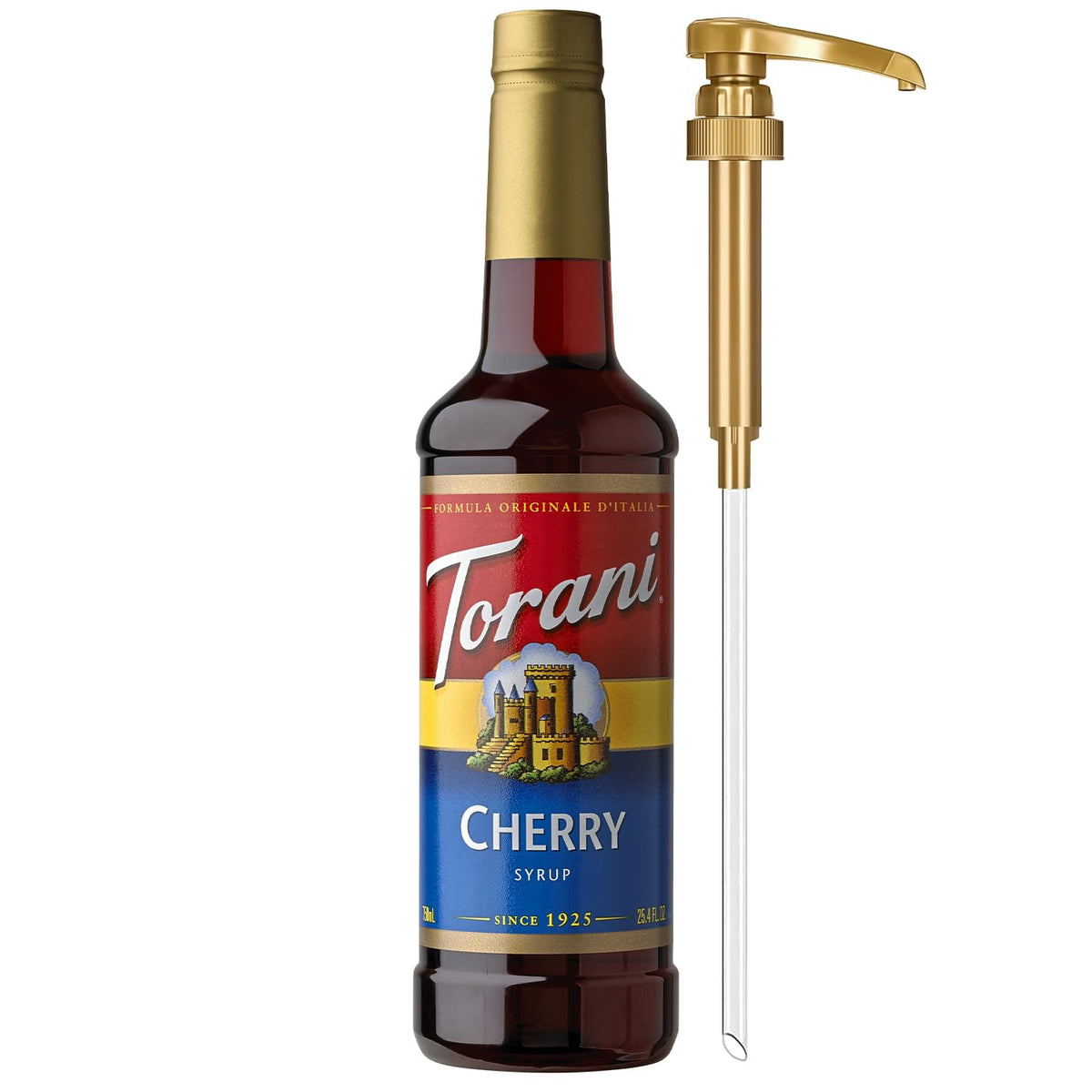 Torani Cherry Syrup with pump for easy, mess-free flavoring.