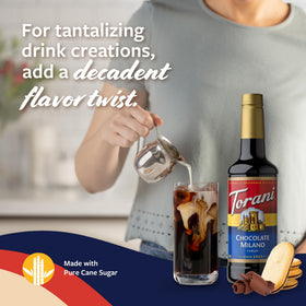 Torani Chocolate Milano Syrup cold brew in glass showing cocoa depth