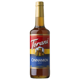 Torani Cinnamon Syrup bottle close-up highlighting rich color and aroma.