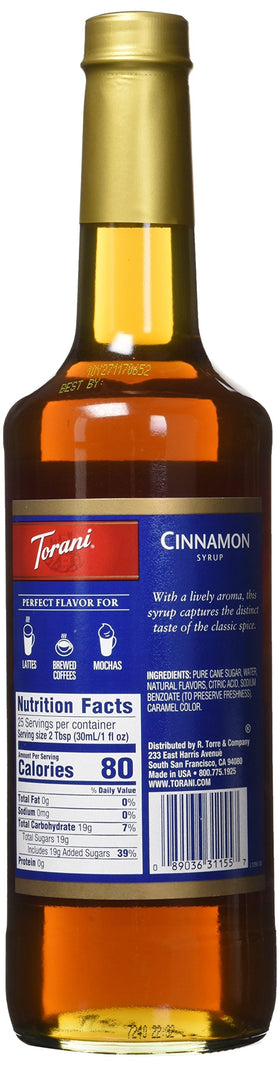Torani Cinnamon Syrup being poured into coffee for a warm flavor boost.