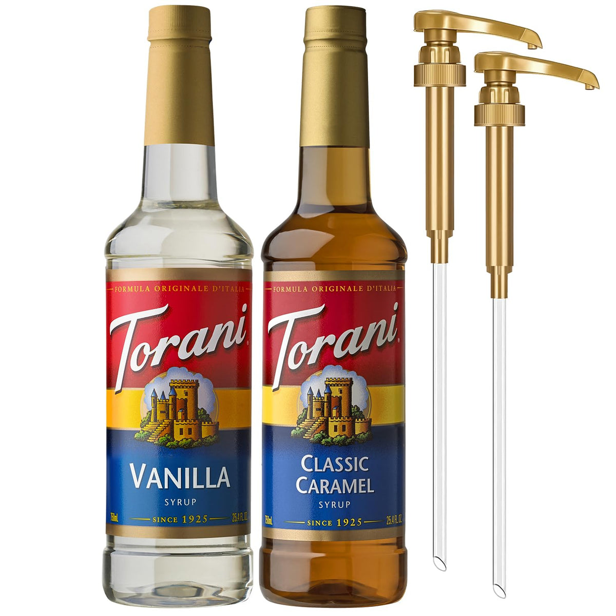 Torani Classic Caramel bottle with pump for café-quality flavor at home.