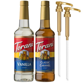 Torani Classic Caramel bottle with pump for café-quality flavor at home.