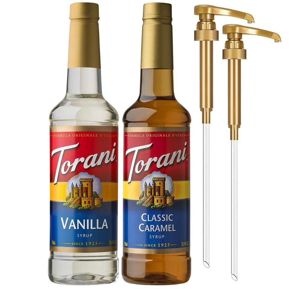 Torani Classic Caramel bottle with pump for café-quality flavor at home.