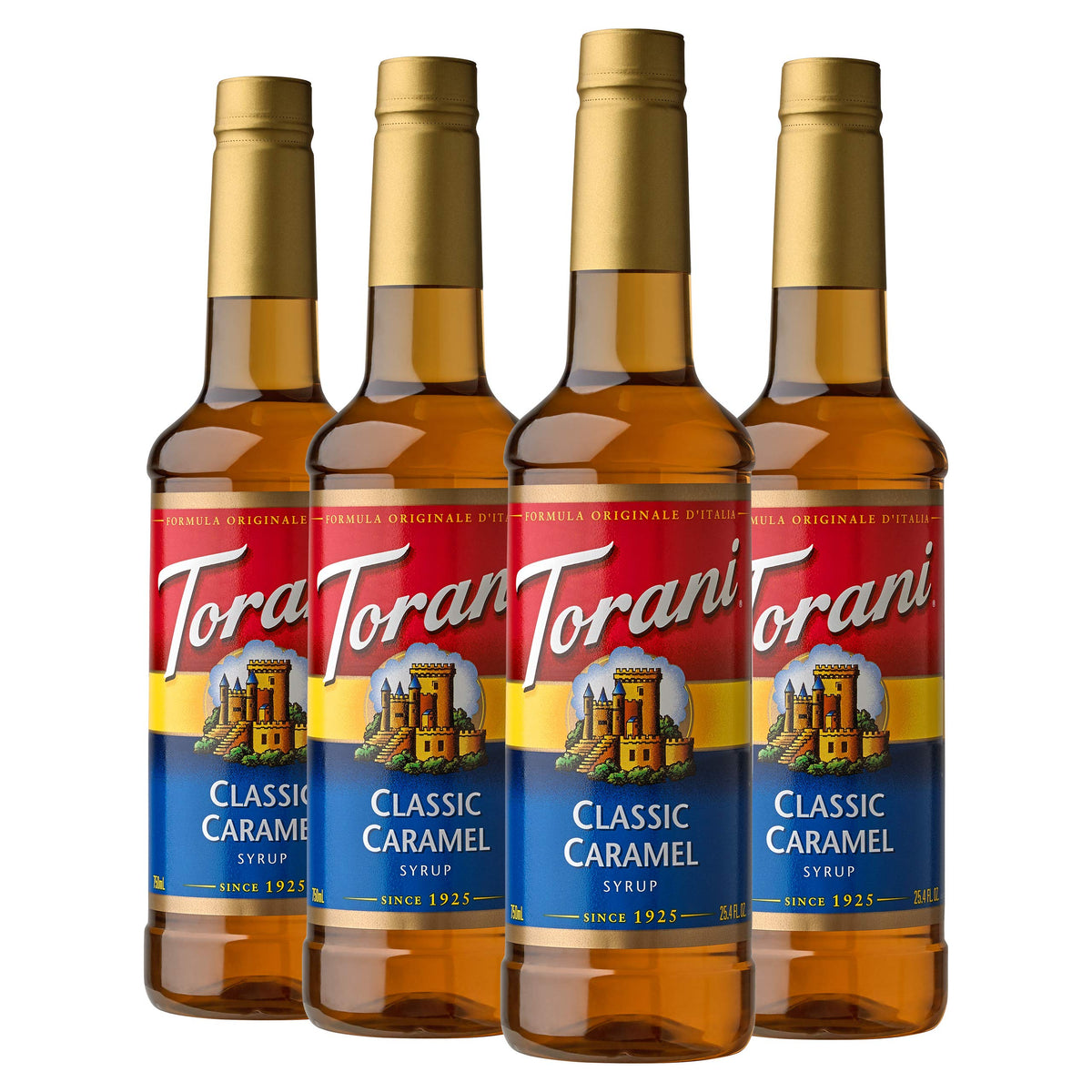 Torani Classic Caramel syrup 4-pack hero image for café-style beverages