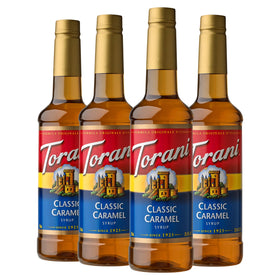 Torani Classic Caramel syrup 4-pack hero image for café-style beverages