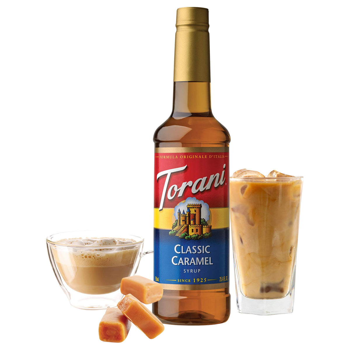Torani Classic Caramel bottle close-up showing buttery caramel notes
