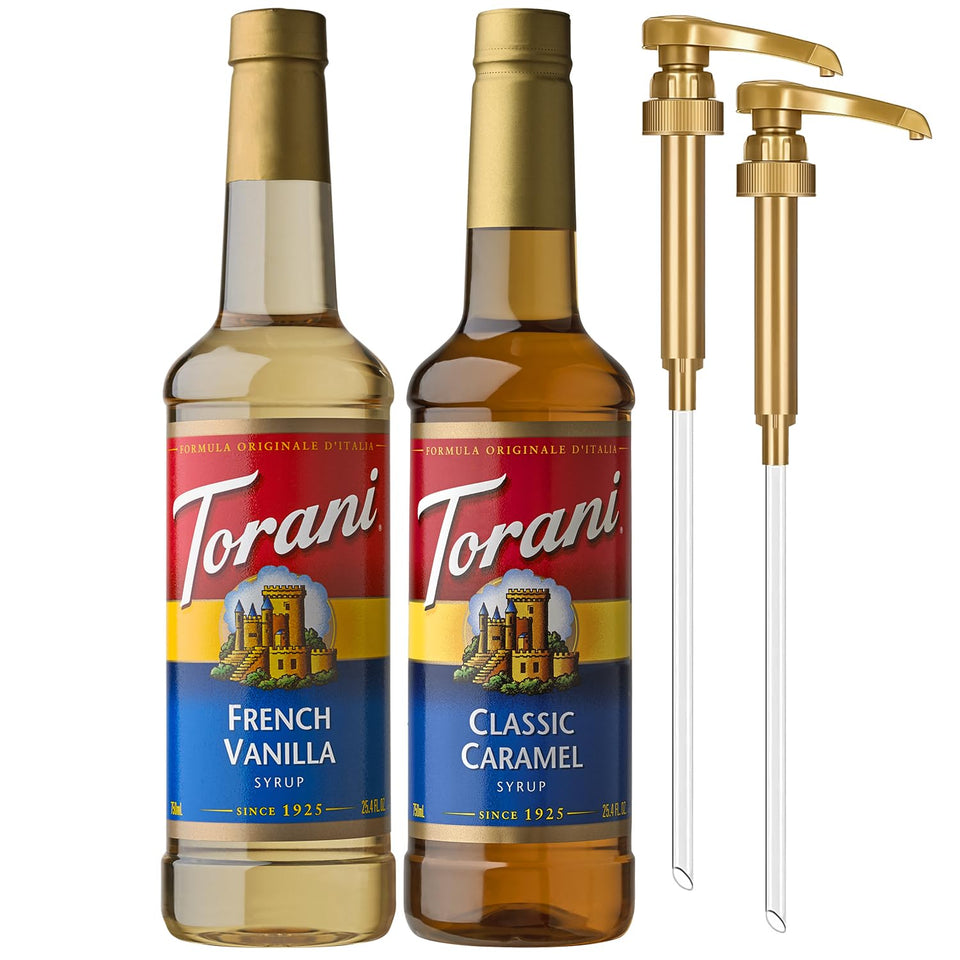 Torani Classic Caramel syrup bottle with pump for easy home coffee sweetness.