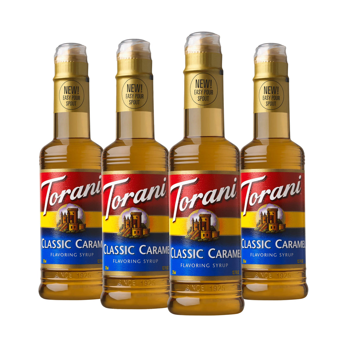 Torani Classic Caramel Syrup bottle for coffee flavoring and dessert drizzle