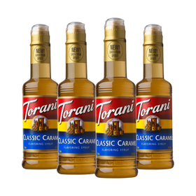 Torani Classic Caramel Syrup bottle for coffee flavoring and dessert drizzle