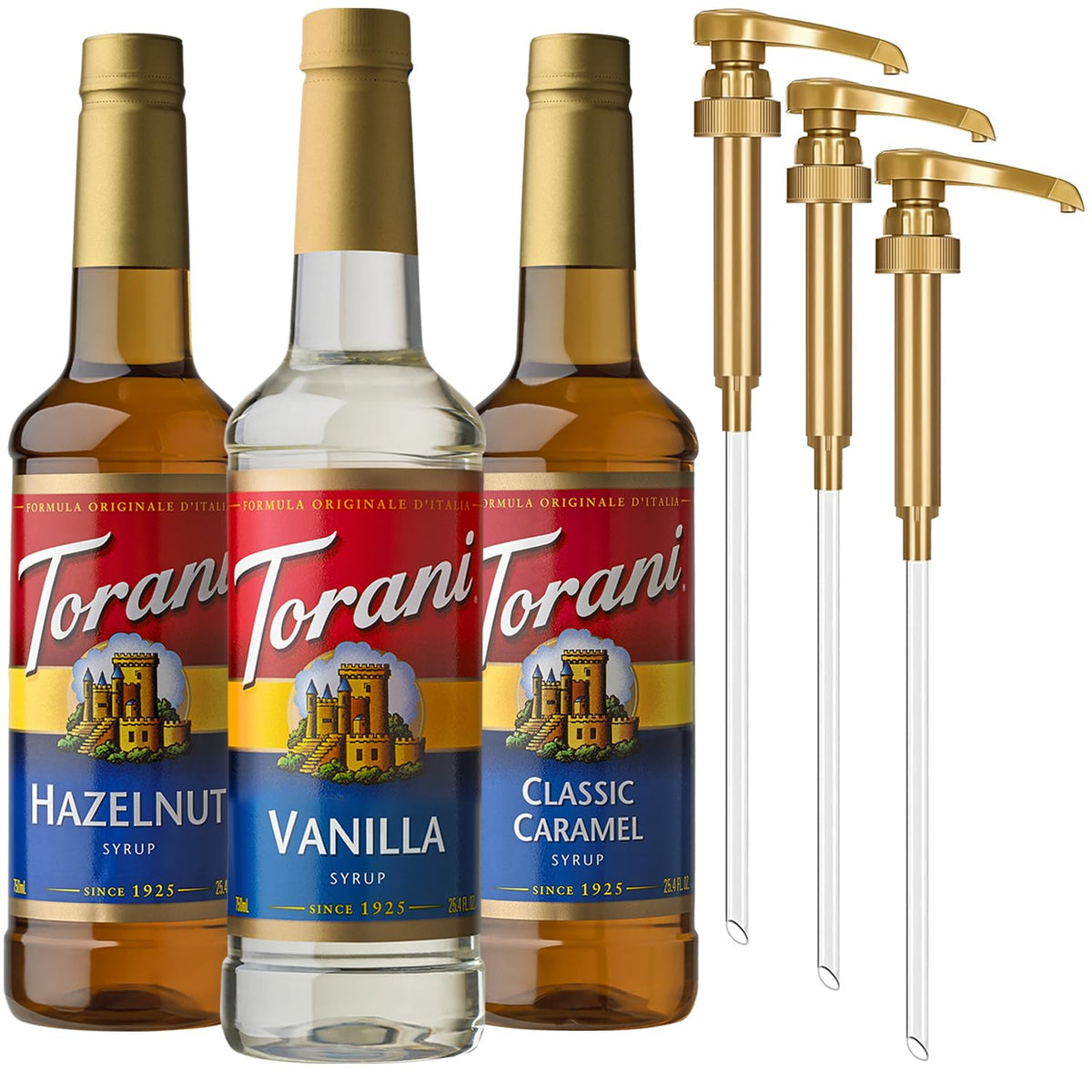 Torani Classic Caramel Syrup bottle with pump for smooth coffee sweetness.