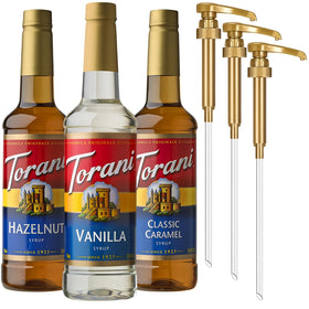 Torani Classic Caramel Syrup bottle with pump for smooth coffee sweetness.