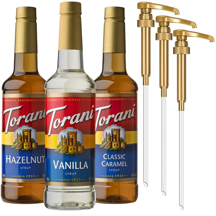 Torani Classic Caramel Syrup bottle with pump for smooth coffee sweetness.