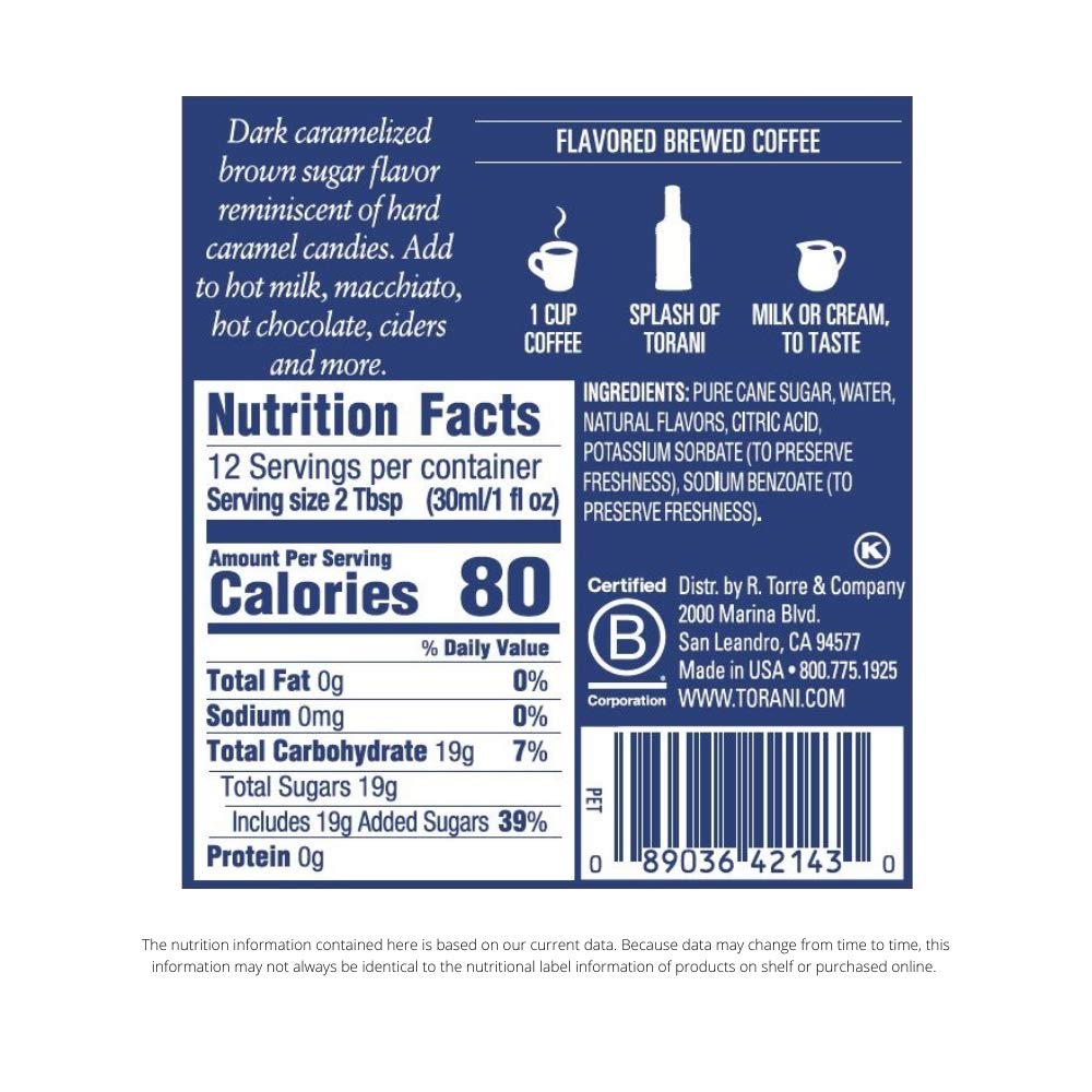 Torani Classic Caramel Syrup close-up bottle highlights pure cane sugar quality