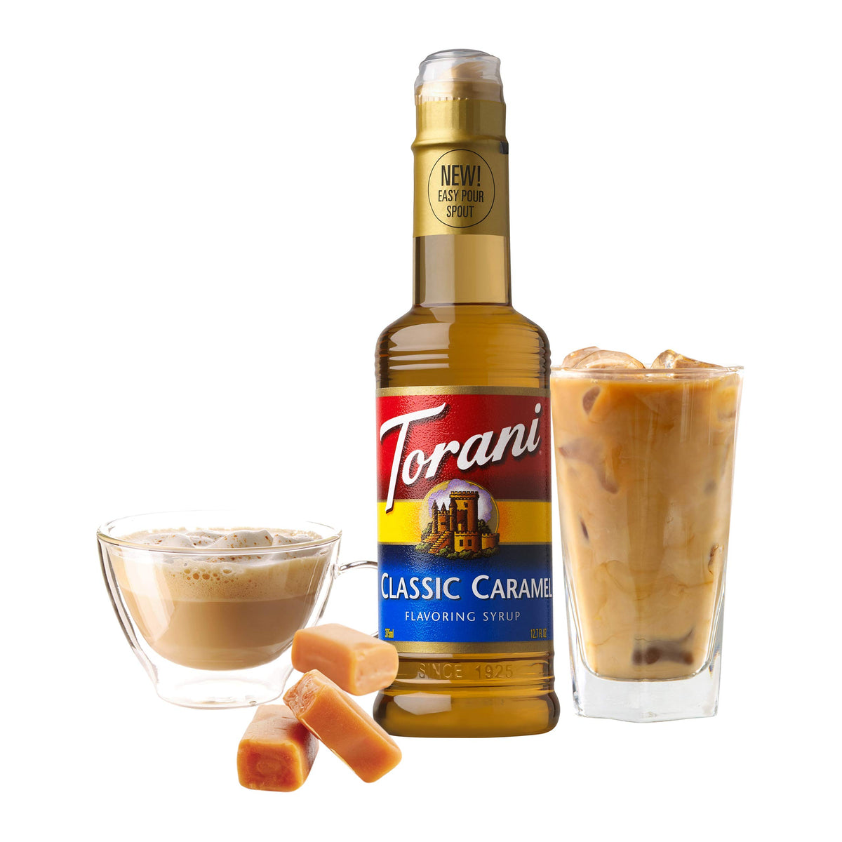 Torani caramel syrup pour enhances iced coffee and lattes with caramel notes