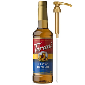 Torani Classic Hazelnut Syrup bottle with pump for precise sweetening at home, ideal for coffeehouse drinks.