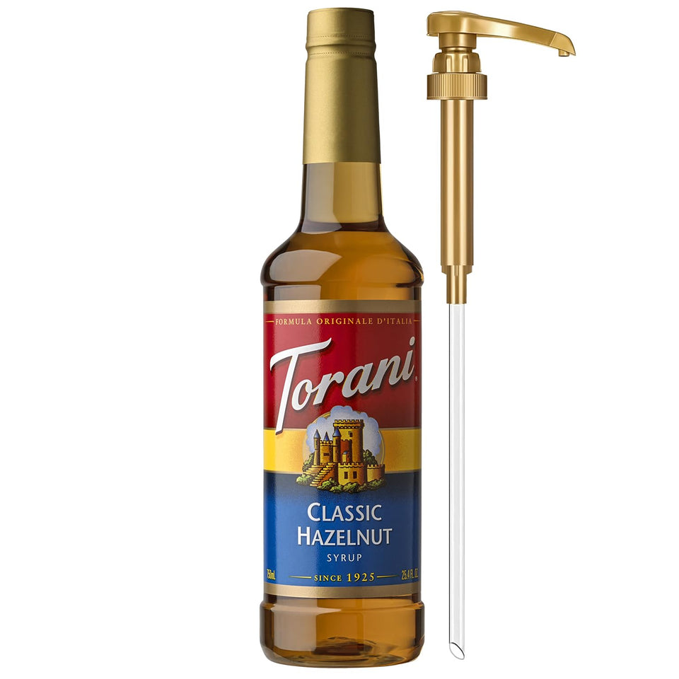 Torani Classic Hazelnut Syrup bottle with pump for precise sweetening at home, ideal for coffeehouse drinks.
