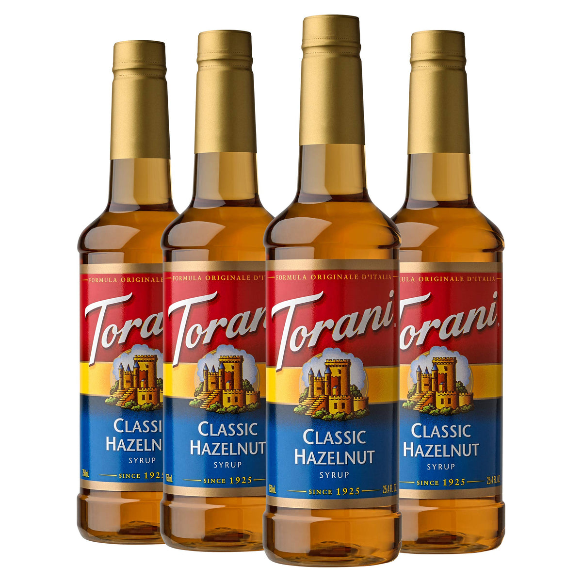 Torani Classic Hazelnut Syrup bottle on counter adds warm hazelnut depth to drinks.