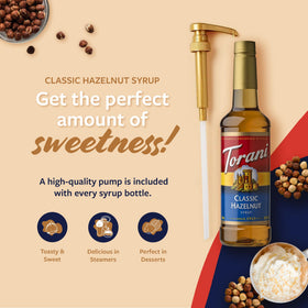 Torani Classic Hazelnut Syrup used to flavor a latte with hazelnut aroma.