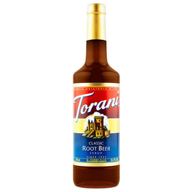 Torani Classic Root Beer Syrup bottle pour shows bold birch notes for a refreshing homemade soda