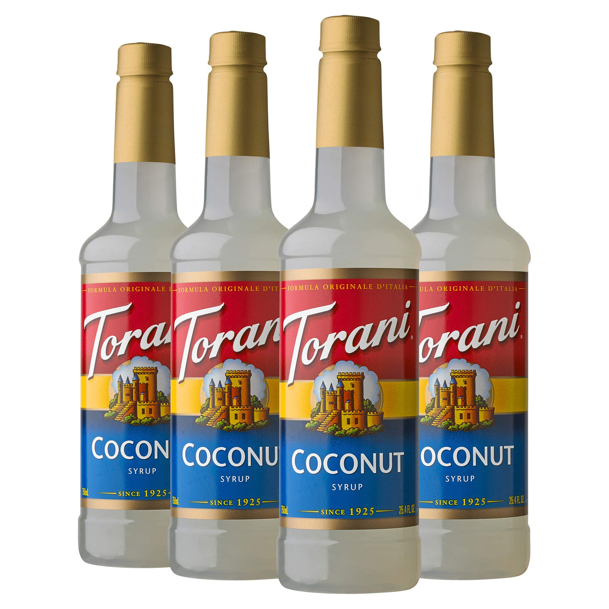 Torani Coconut Syrup bottle with tropical flavor for coffees and beverages.