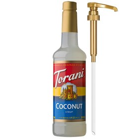 Torani Coconut Syrup bottle with pump for easy, mess-free flavoring in beverages.
