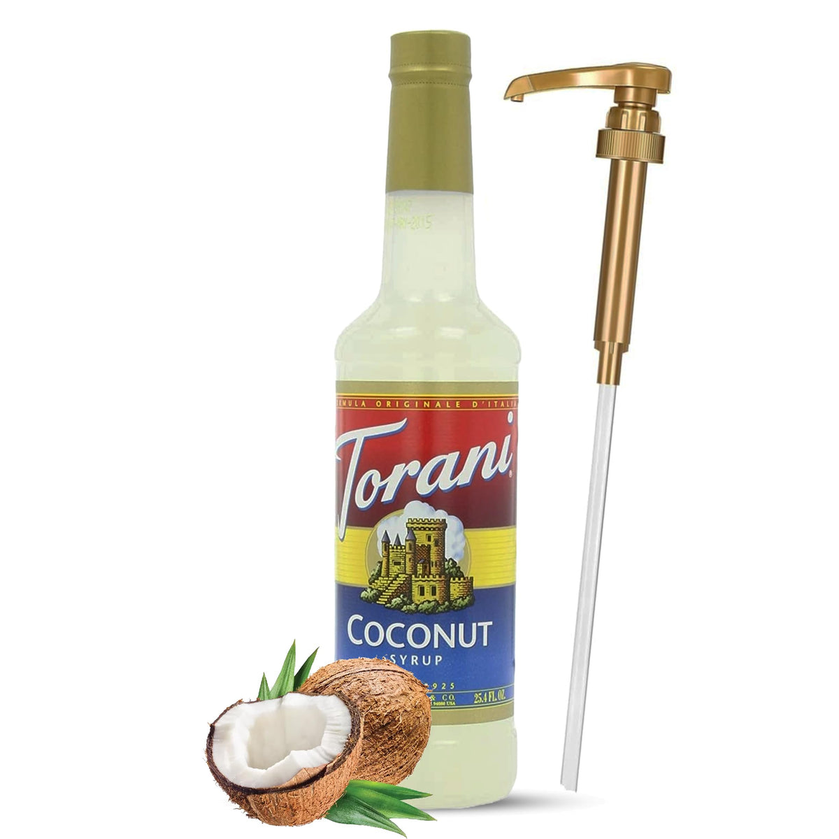 Torani Coconut Syrup bottle on counter adds tropical flavor to home drinks.