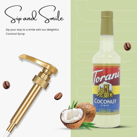 Torani Coconut Syrup close-up label highlights rich coconut notes.