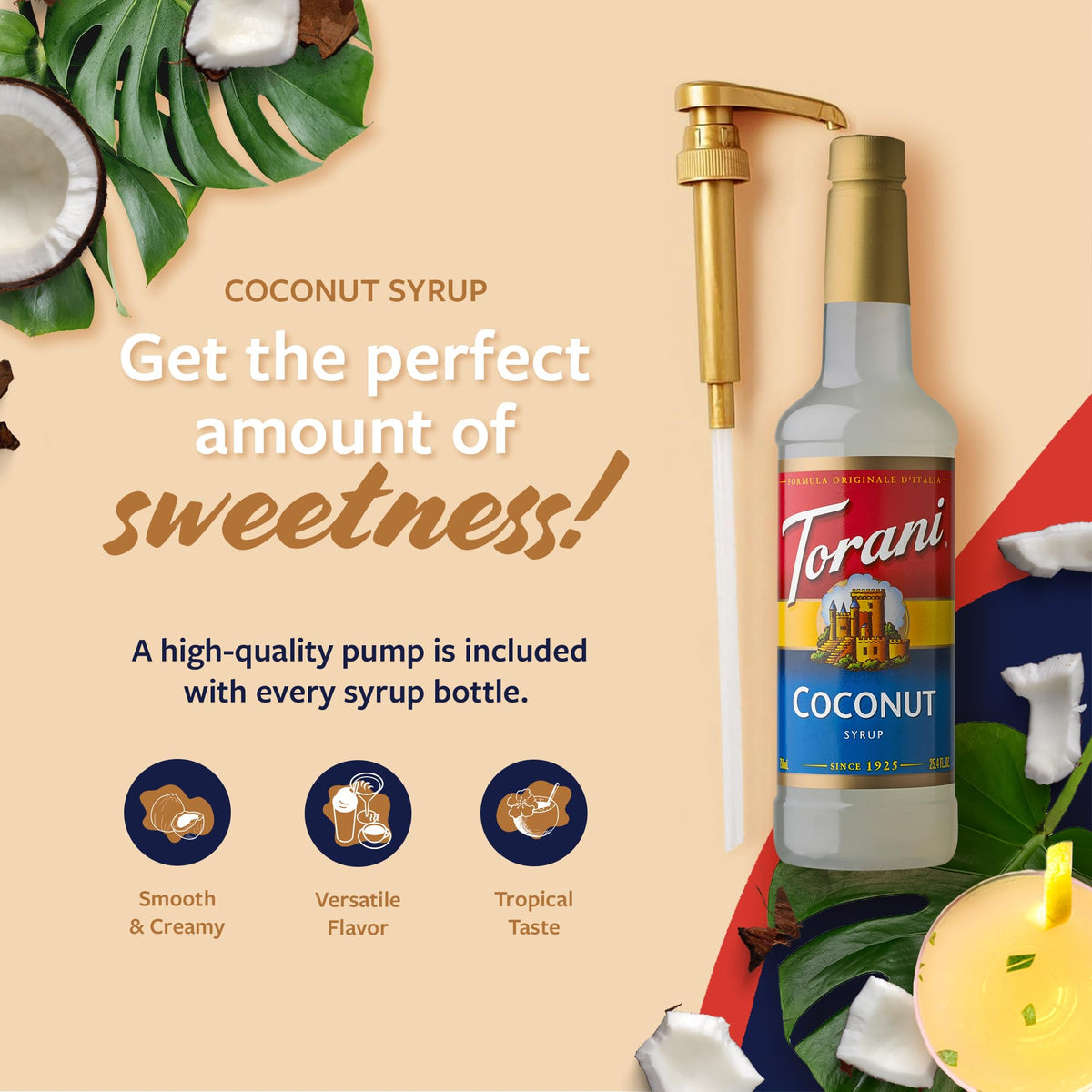 Torani Coconut Syrup drizzle on coffee delivering tropical, creamy aroma.