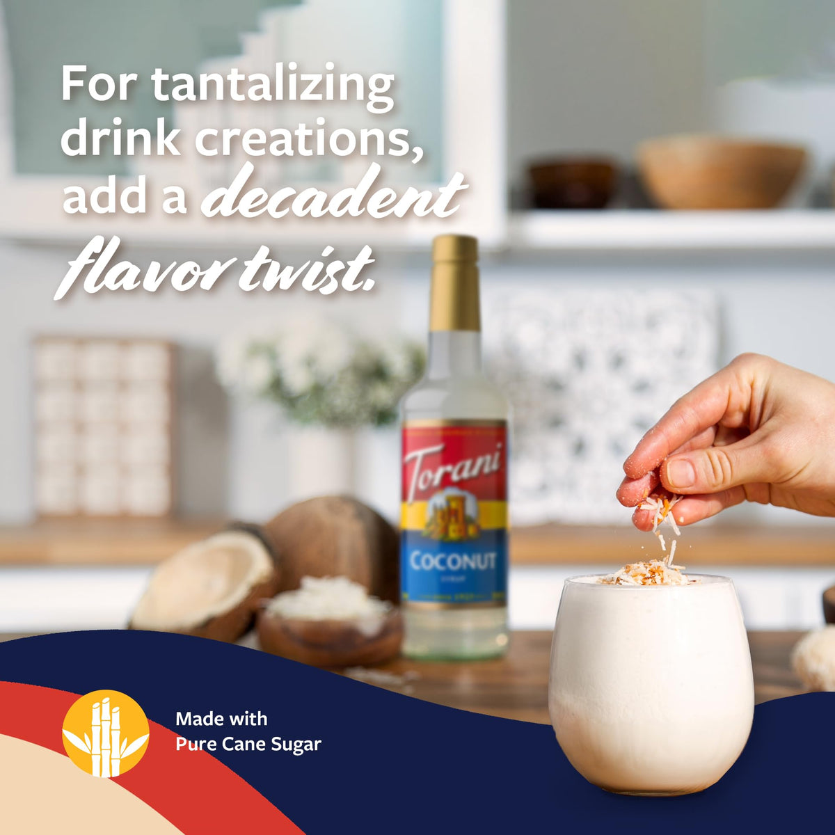Torani Coconut Syrup enriches desserts with coconut sweetness and aroma.