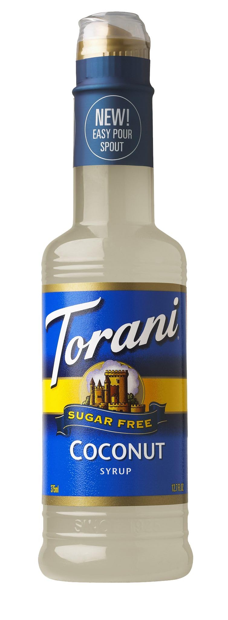 Torani Coconut Syrup bottle-pour shows sugar-free coconut flavor for drinks.