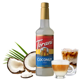 Pouring Torani Coconut Syrup to create a creamy coconut drink.