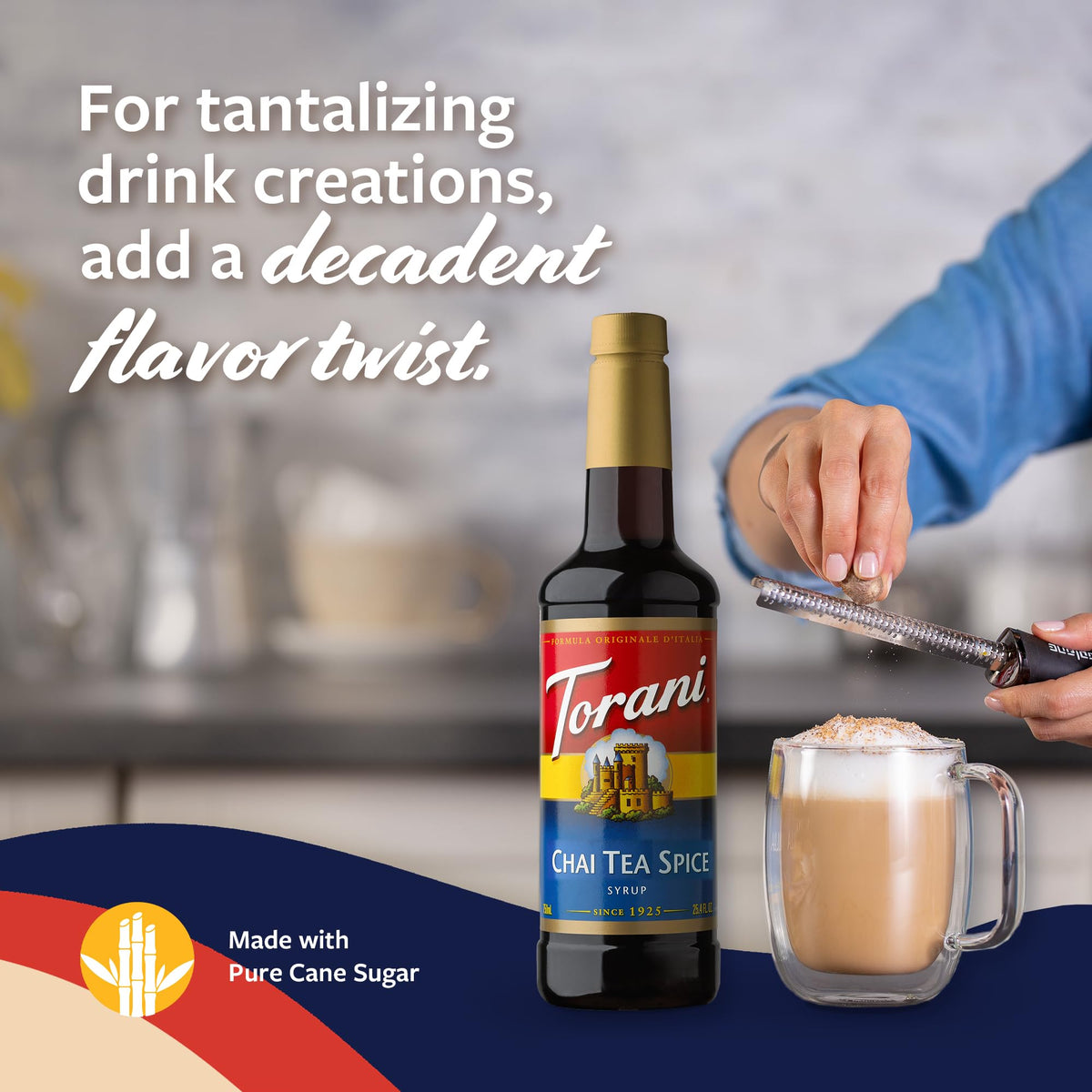 Torani chai spice syrup added to a coffee latte for rich flavor