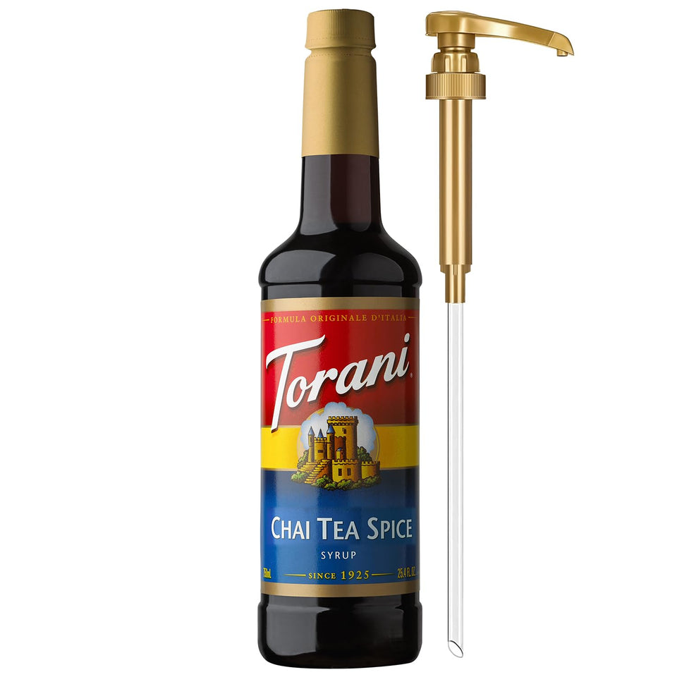 Torani chai spice syrup bottle with pump for easy, mess-free flavoring