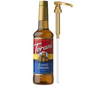Torani Classic Caramel coffee syrup bottle with pump for mess-free flavoring.