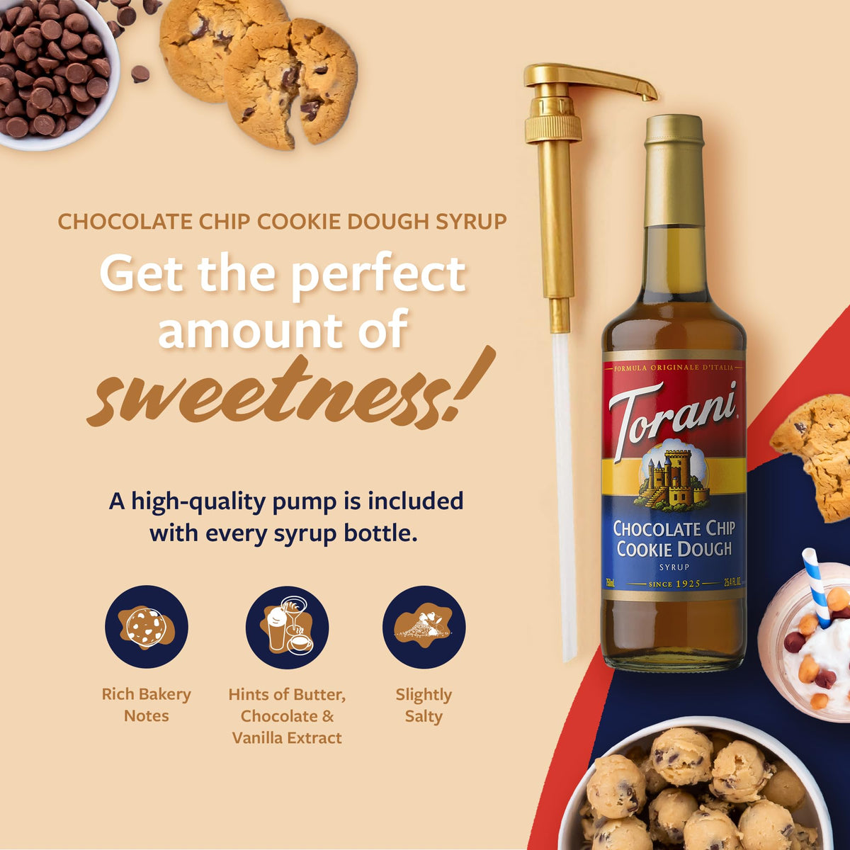 Close-up of the Torani pump on cookie dough syrup for easy pouring.
