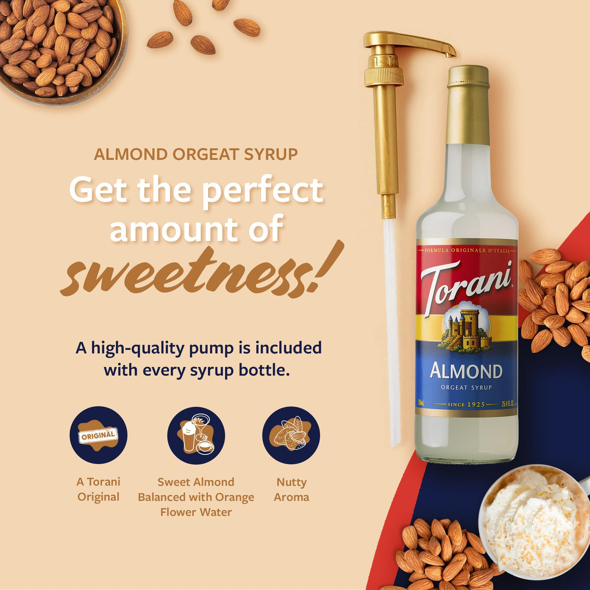 Pouring Torani Almond Orgeat Syrup into a latte for enhanced flavor and aroma.
