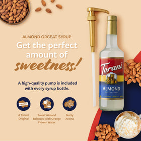 Pouring Torani Almond Orgeat Syrup into a latte for enhanced flavor and aroma.