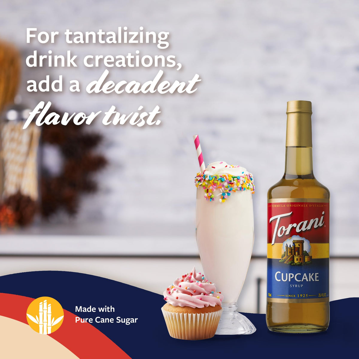 Torani Cupcake Syrup bottle with glass design enhances coffee and dessert pairings.