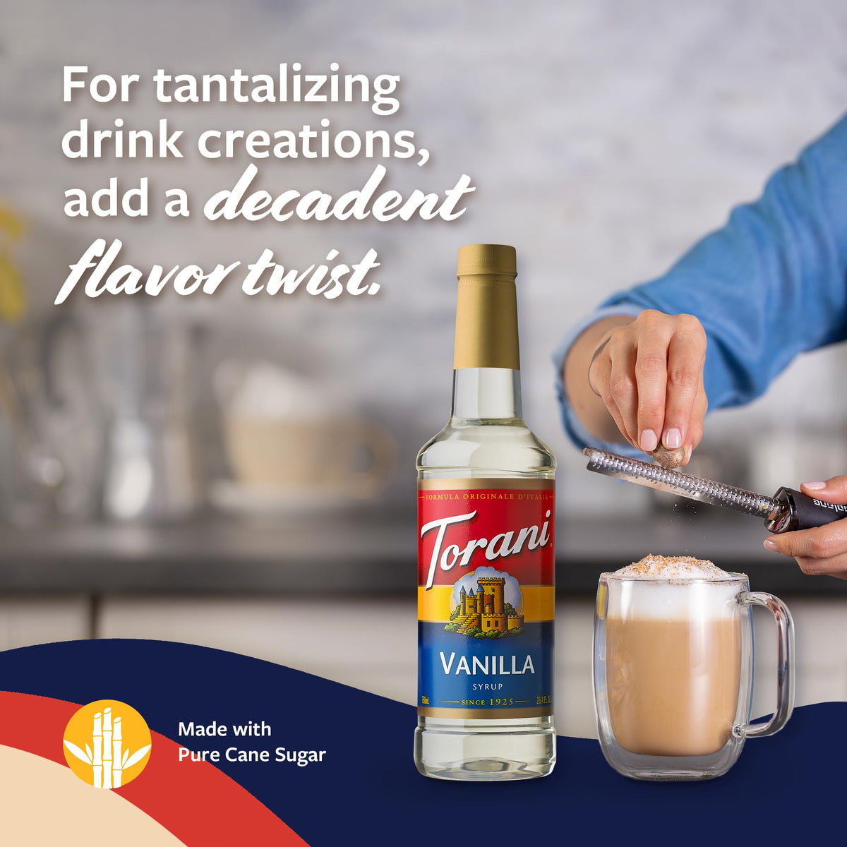 Coffee with Torani vanilla syrup enhances aroma and flavor.