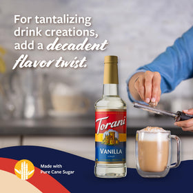 Coffee with Torani vanilla syrup enhances aroma and flavor.