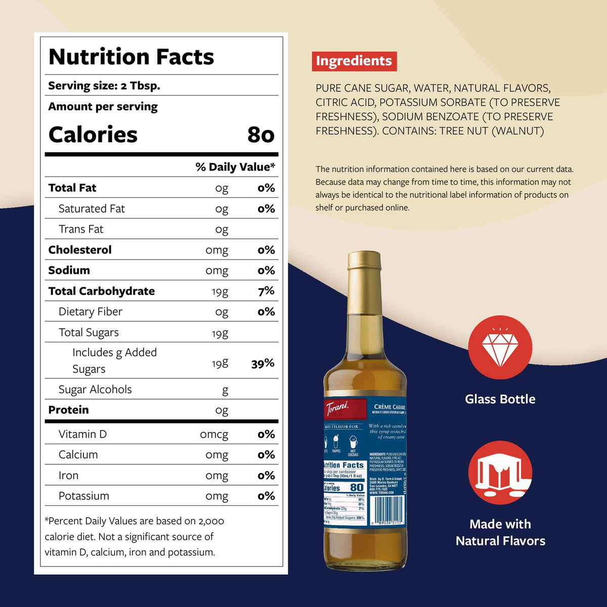 Closeup of Torani Creme Caramel bottle emphasizing smooth pour and premium glass packaging