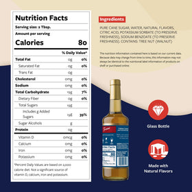 Closeup of Torani Creme Caramel bottle emphasizing smooth pour and premium glass packaging