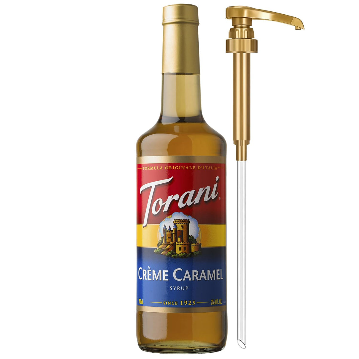 Torani Creme Caramel syrup bottle with pump for easy, mess-free coffee flavoring at home