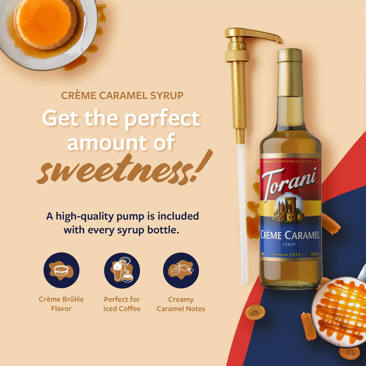 Bottle with pump dispensing Creme Caramel flavor into latte for a cafe style drink