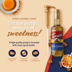 Bottle with pump dispensing Creme Caramel flavor into latte for a cafe style drink