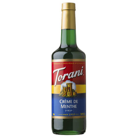 Torani Creme De Menthe Syrup bottle with mint aroma for refreshing beverages.